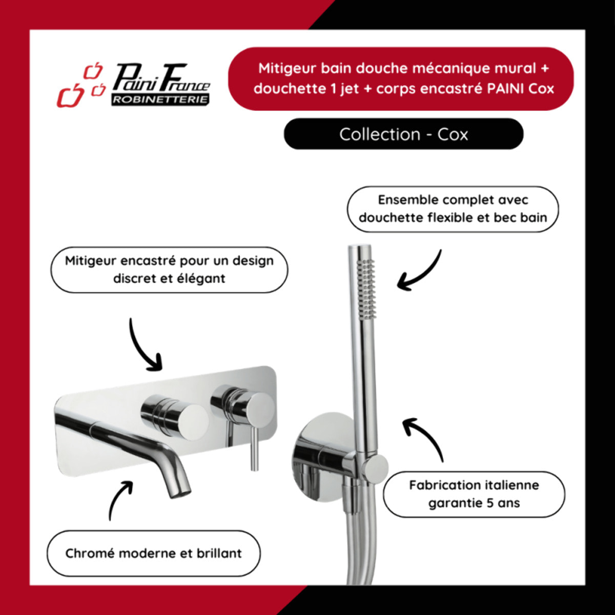 Mitigeur bain douche mécanique mural + douchette 1 jet + corps encastré PAINI Cox chromé