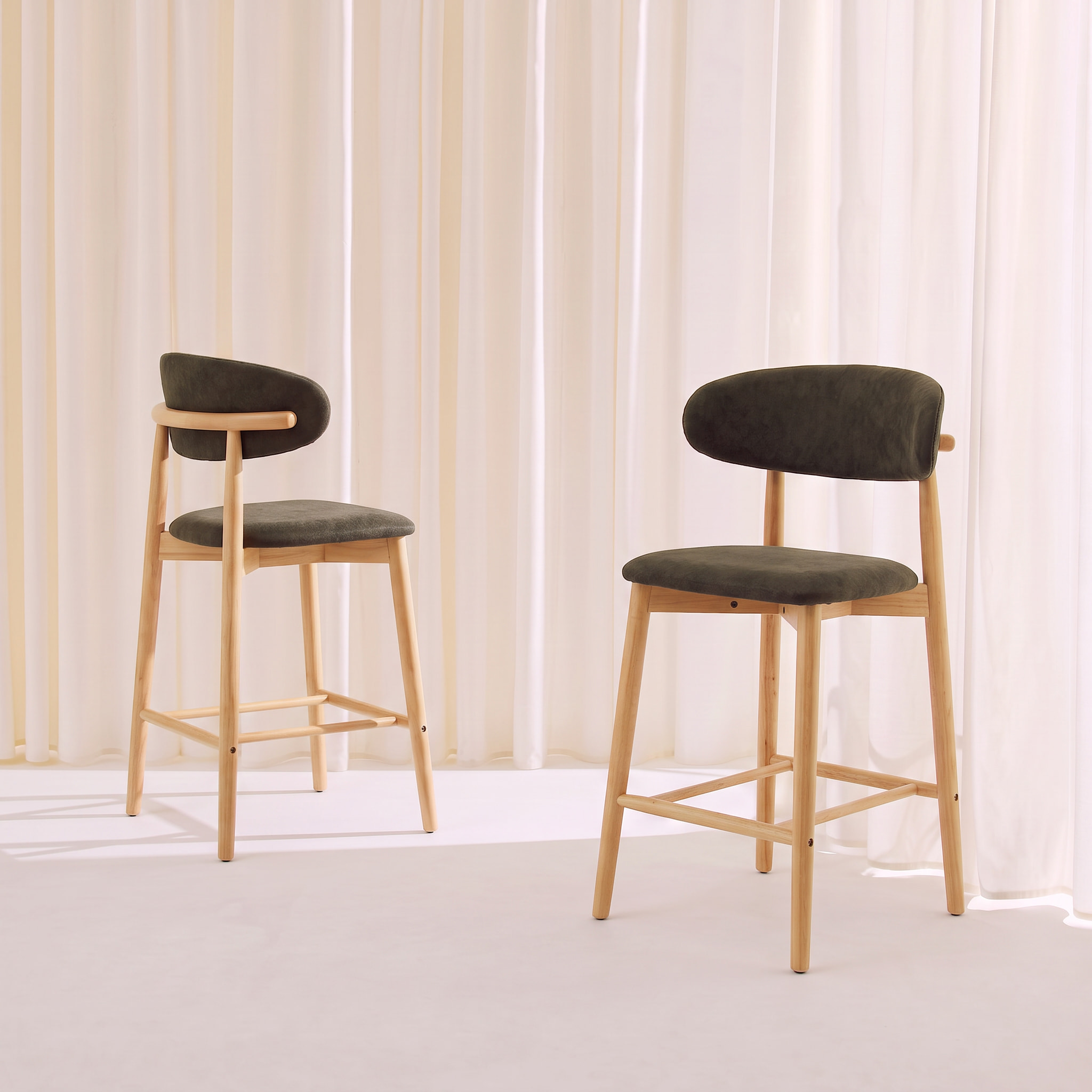 Tabouret de bar bois d'hévéa naturel et tissu chenille (lot de 2)  PAOLA