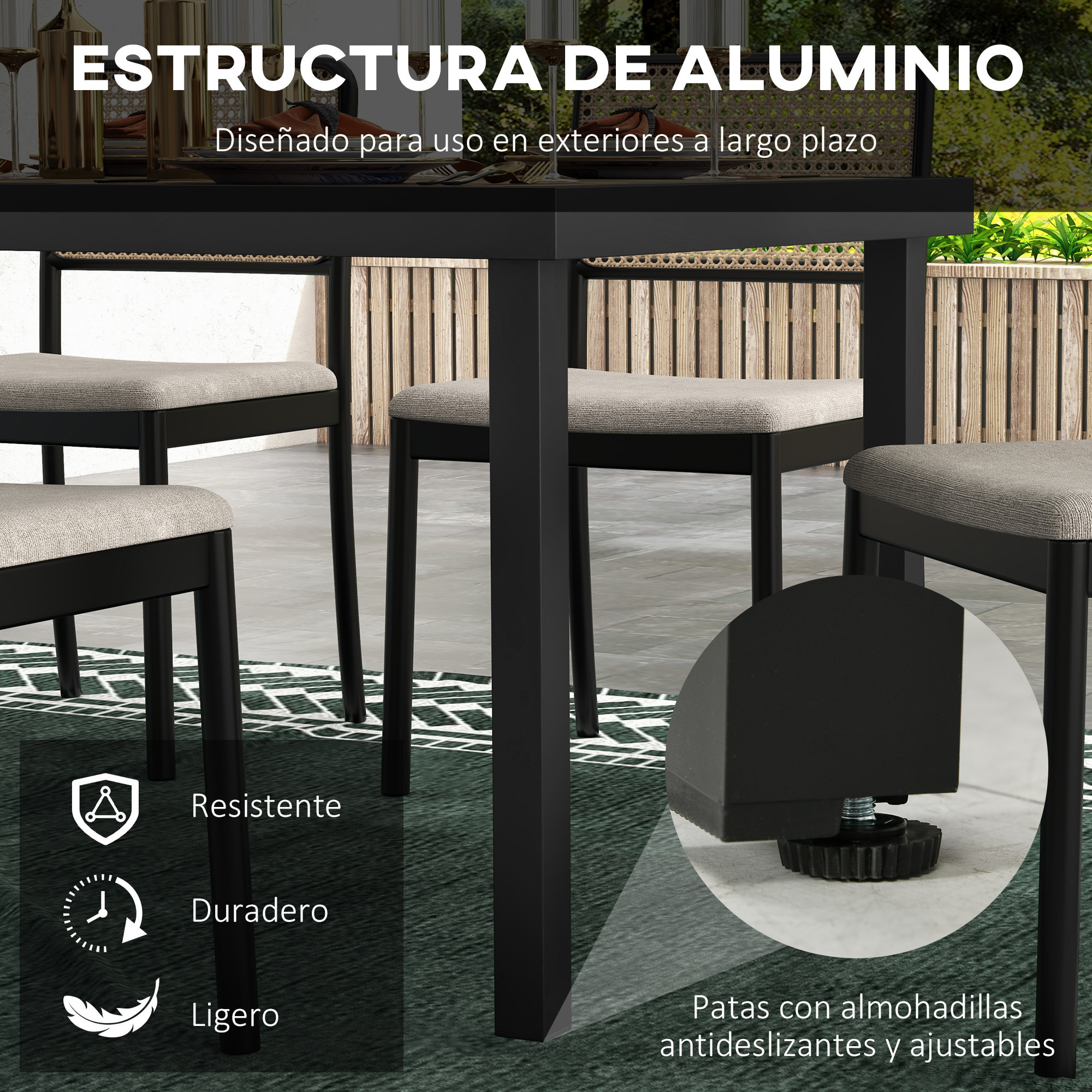 Mesa de Comedor Exterior de Aluminio Mesa de Jardín Exterior para 8 Personas con Encimera de Listones para Terraza Balcón 190x90x74 cm Natural y Negro