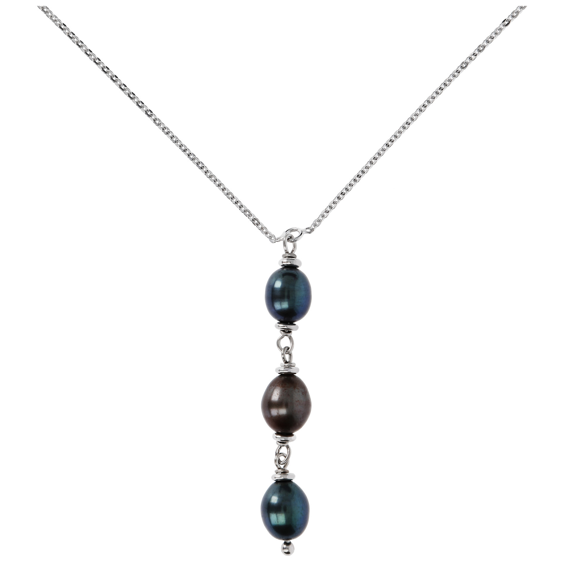 Collana Catena Rolo a 'Y' in Argento 925 e Pendente in Perle d'Acqua Dolce Verdi Petrolio Ø 7/8 mm