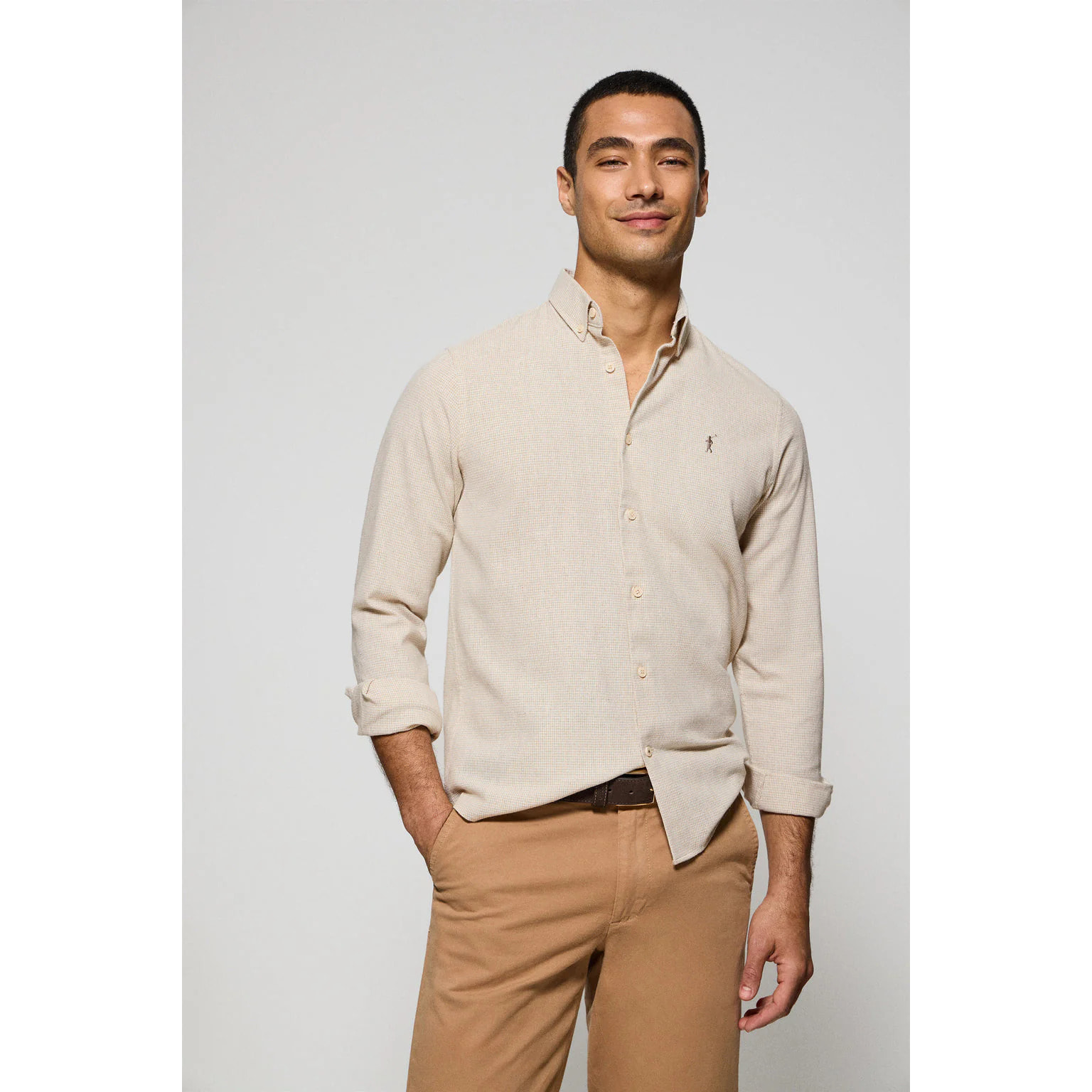 Camicia beige Williams pied de poule con logo Rigby Go ricamato