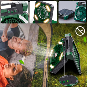 Ventilador x99 solar LED recargable con motor sin escobillas 9V, 16 LEDs (2W) y 4 velocidades. Velocidad del aire 4,5 m/s y hasta 2800 rpm. Función powerbank con doble batería de 2600 mAh.
