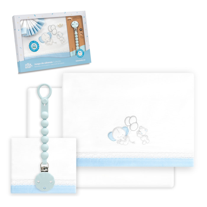 Triptico Cuna Pasacinta Oso Elefante Globos +Broche Bco/Azul