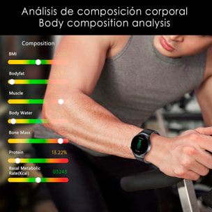 Smartwatch TK27. Llamadas Bluetooth con funciones avanzadas de salud: medición de glucosa, lípidos y ácido úrico, temperatura corporal, ECG, micro examen físico y composición corporal.