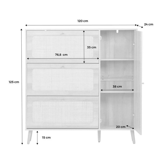 Meuble à chaussures décor bois et cannage 3 abattants 1 porte BOHÈME