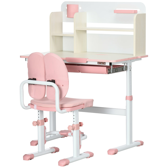 Ensemble bureau chaise enfant hauteur réglable plateau inclinable nombreux rangements blanc rose effet bois clair