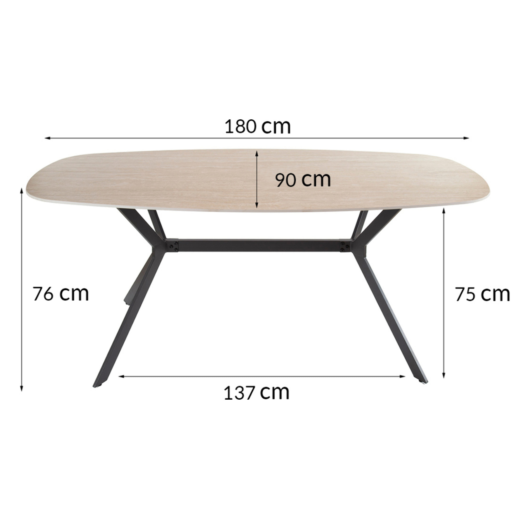 Ruben - table à manger - plateau en céramique effet travertin - pieds en acier - 4 à 6 personnes - Beige / Noir