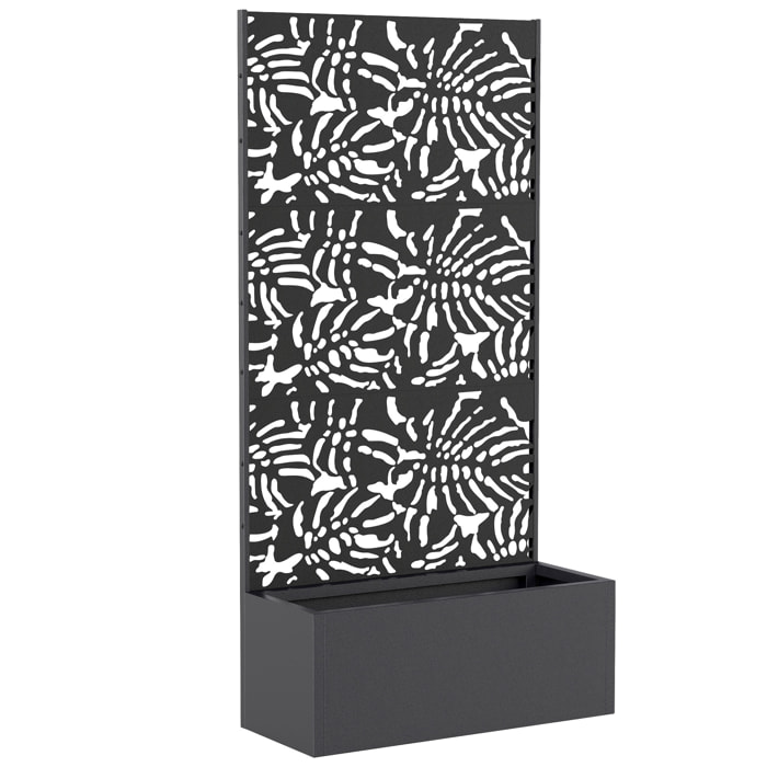 Jardinière treillis haut design graphique feuilles bananier 90 x 37 x 180 cm métal époxy noir