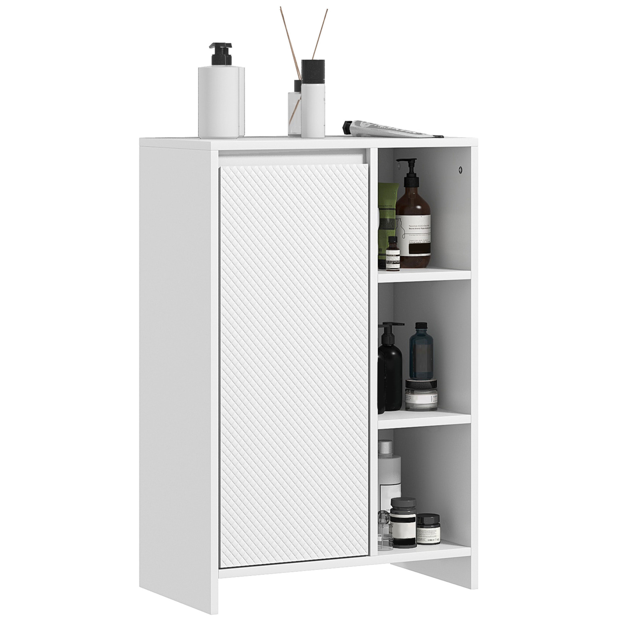 Mueble Auxiliar de Baño Moderno Armario de Baño con Estantes Abiertos Puerta y Estante Ajustable Antivuelco para Salón Dormitorio 53x30x80 cm Blanco