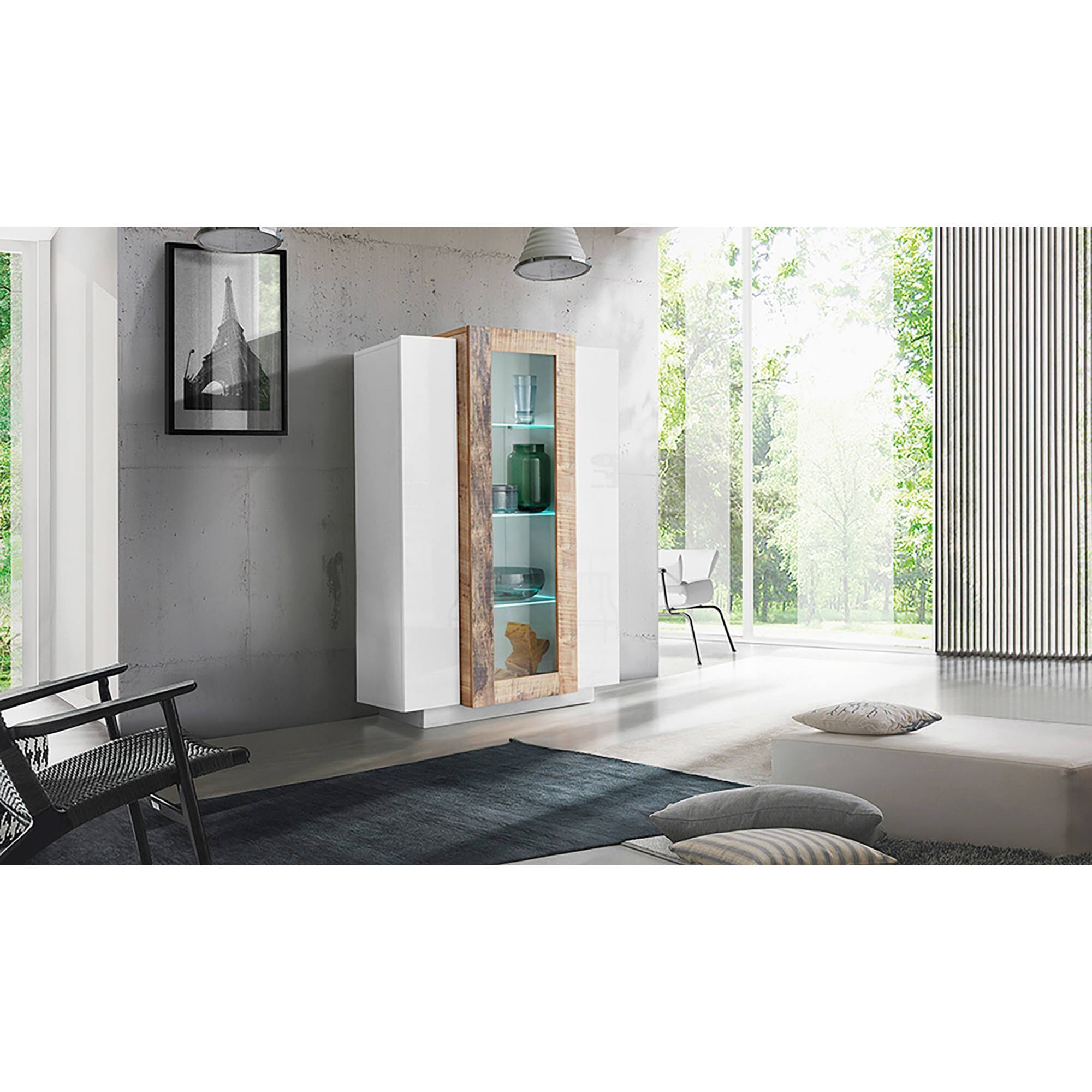 Vetrina moderna con anta a vetro, Made in Italy, con luce LED bianca, Credenza con ripiani, Vetrinetta da soggiorno, cm 80x38h121, colore Bianco lucido e Acero