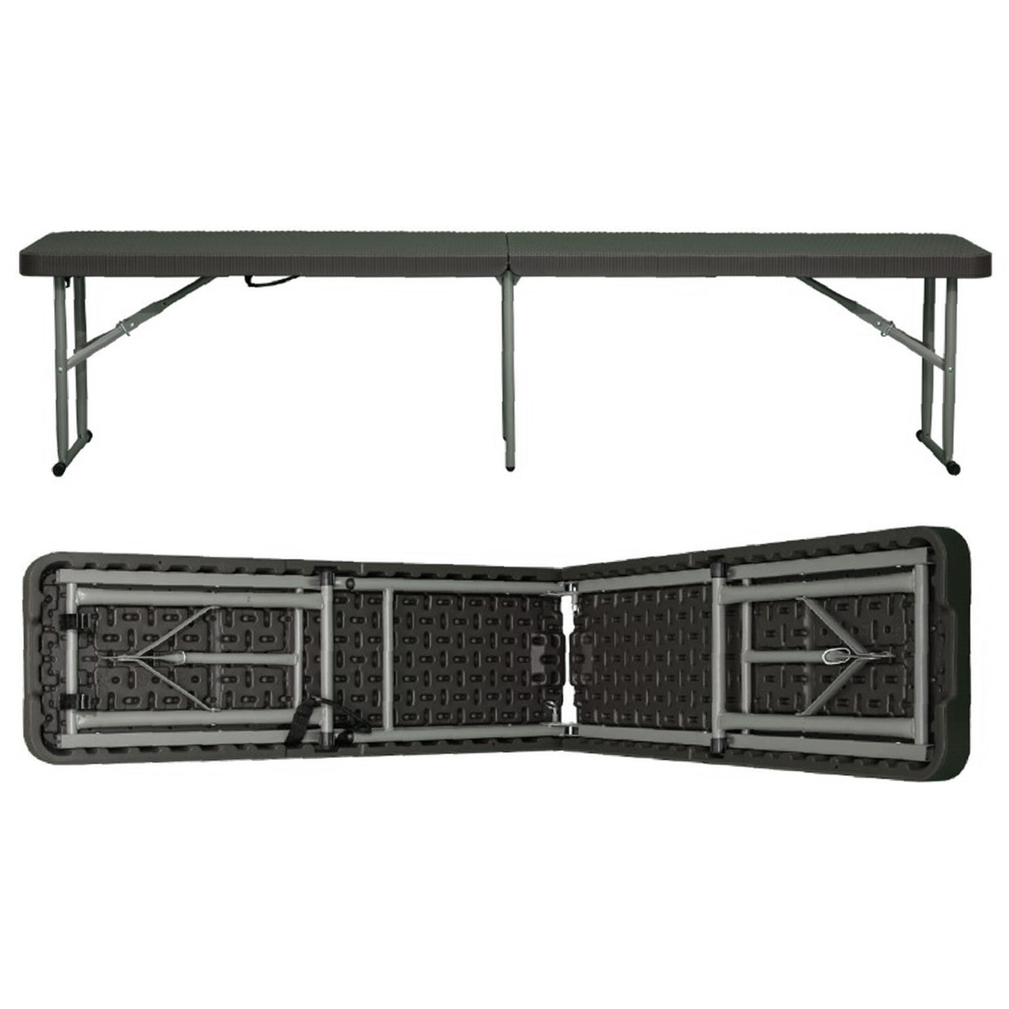 Mesa plegable multifuncional 180x74x74cm y set de 2 bancos plegables 183x30x43cm, con asas para facilitar su desplazamiento, efecto ratán