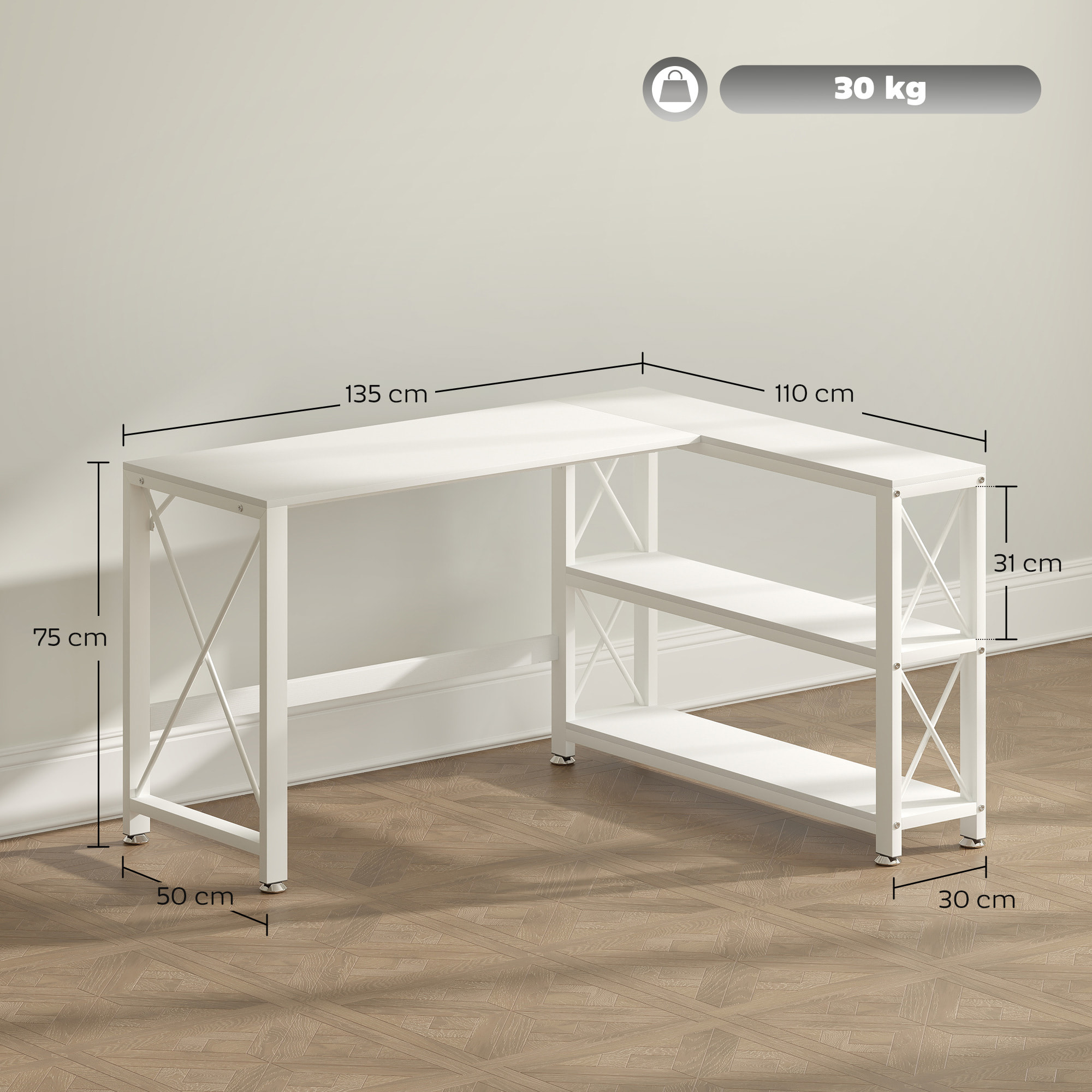 Bureau d'angle modulable design contemporain multi-rangement  - métal panneaux blanc