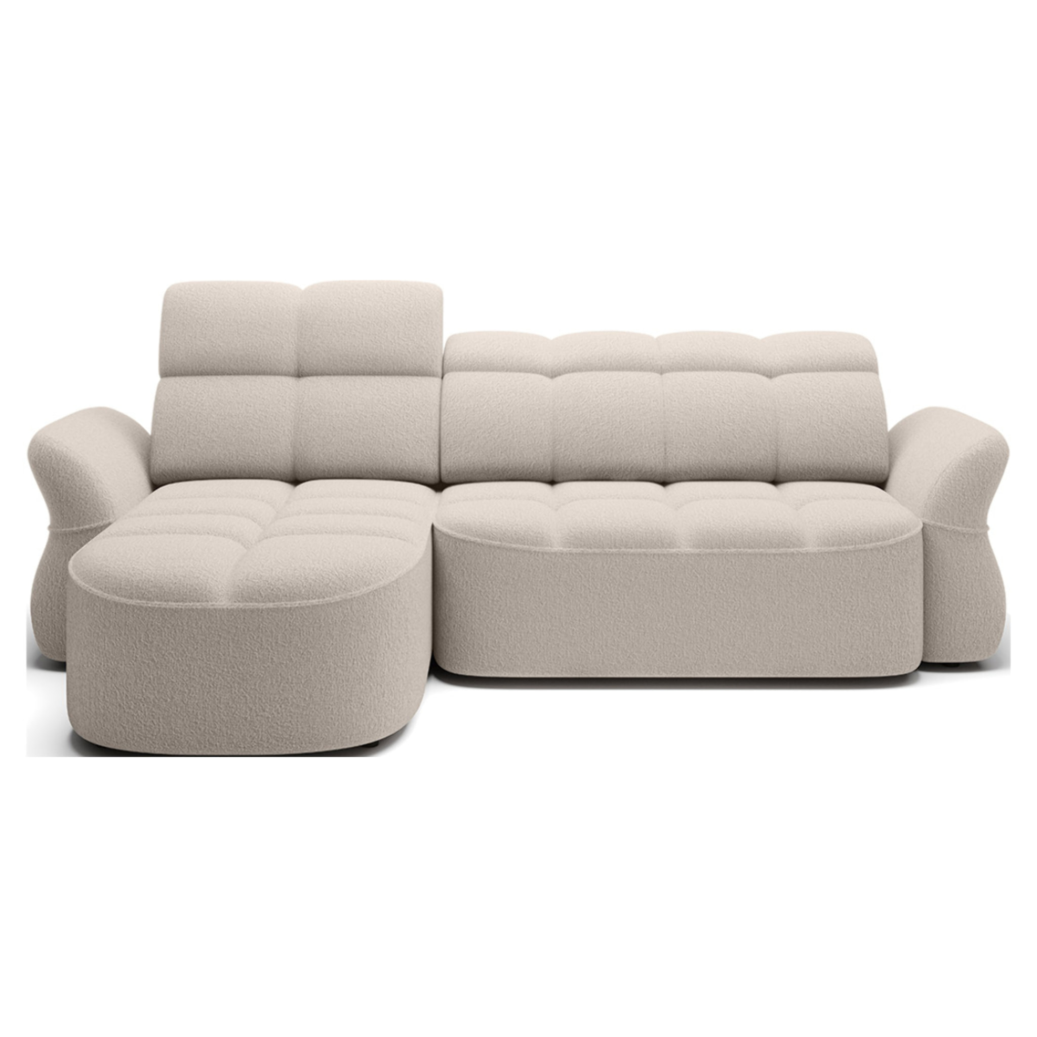Brume - Canapé d'angle gauche 4 places convertible électrique avec coffre et têtières réglables en tissu bouclette - Beige