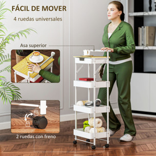 Carrito Auxiliar con Ruedas de 4 Niveles Carro de Cocina con 1 Cajón y 3 Cestas Carrito Organizador para Dormitorio Salón Oficina Blanco
