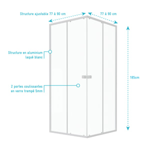 Porte de douche carrée blanc extensible 77 à 90cm de largeur - verre transparent - WHITY