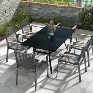 Table de jardin rectangulaire 6 personnes acier plateau aspect bois noir