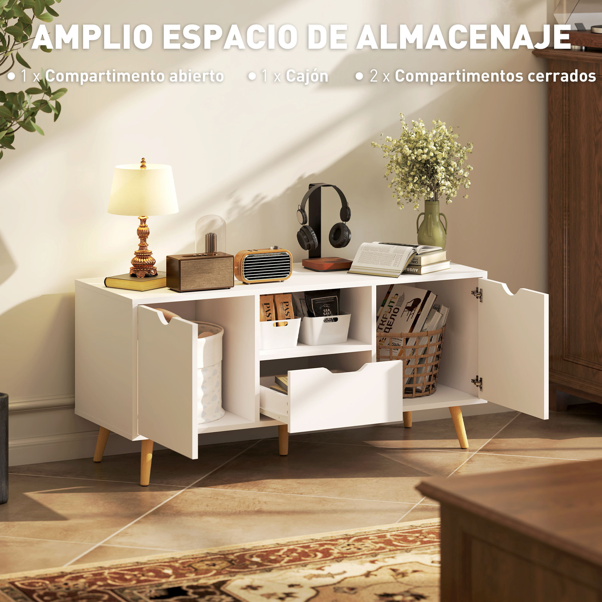Mueble de TV, Mesa de TV con Cajón, 2 Puertas y Estante Abierto, Patas de Madera, para Televisores hasta 50 Pulgadas, Largo de 110 cm, para Salón, Dormitorio, Blanco