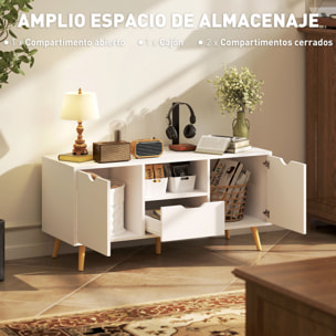 Mueble de TV, Mesa de TV con Cajón, 2 Puertas y Estante Abierto, Patas de Madera, para Televisores hasta 50 Pulgadas, Largo de 110 cm, para Salón, Dormitorio, Blanco