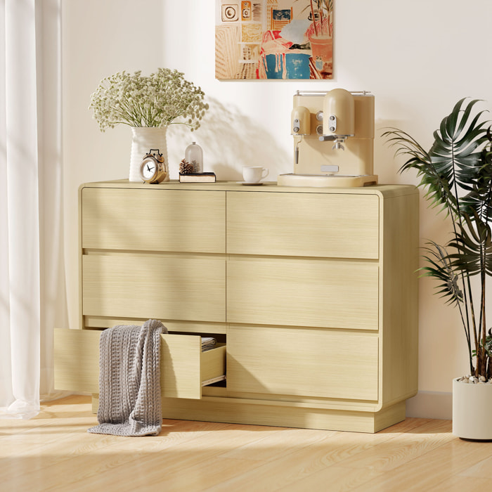 Aparador con 6 Cajones, Cajonera con Bordes Redondeados, Cómoda, Aparador para Salón, Cocina, Entrada, Oficina, Natural, 120x38x86 cm