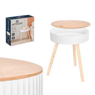 Mesa auxiliar blanca con diseño de ondas, tapa elevable y compartimento interior, 38 cm de diámetro.