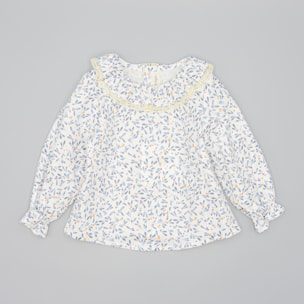 Camisa Azul De Viella Con Estampado De Hojas