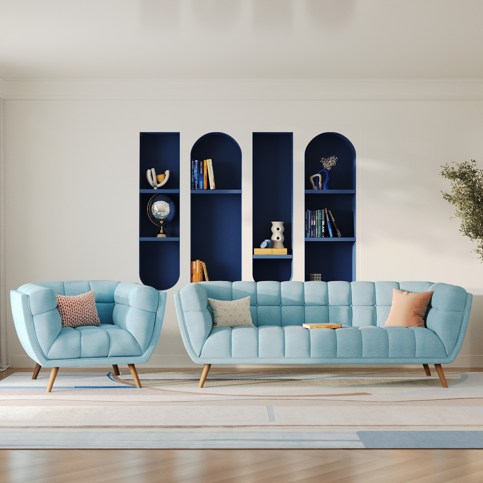 Fauteuil capitonné en tissu bleu clair - Carmen