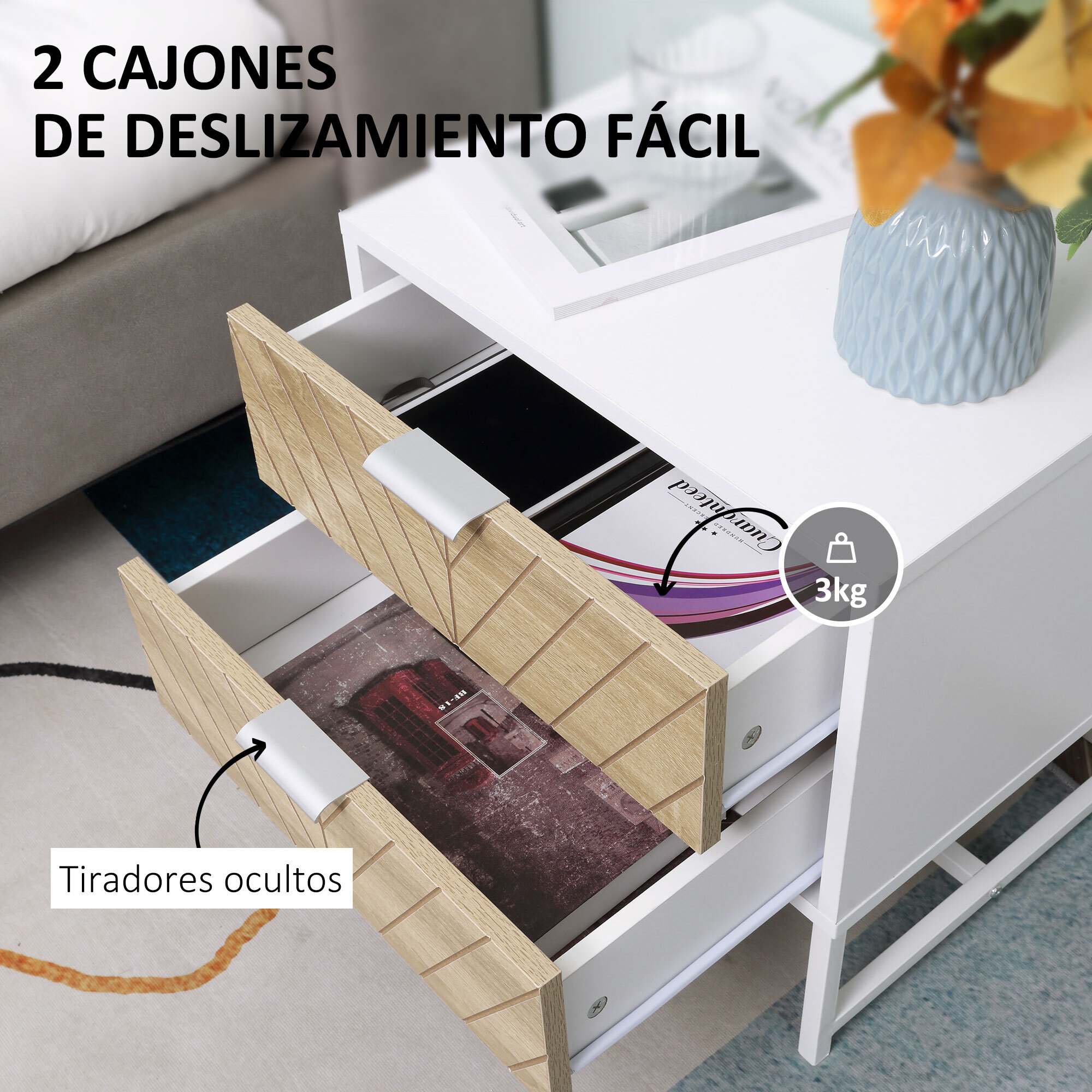 Conjunto de 2 Mesillas de Noche Mesitas de Noche de 2 Cajones y Patas de Acero Estilo Moderno Mesitas Auxiliares para Salón Dormitorio 45x39x48 cm Blanco y Roble