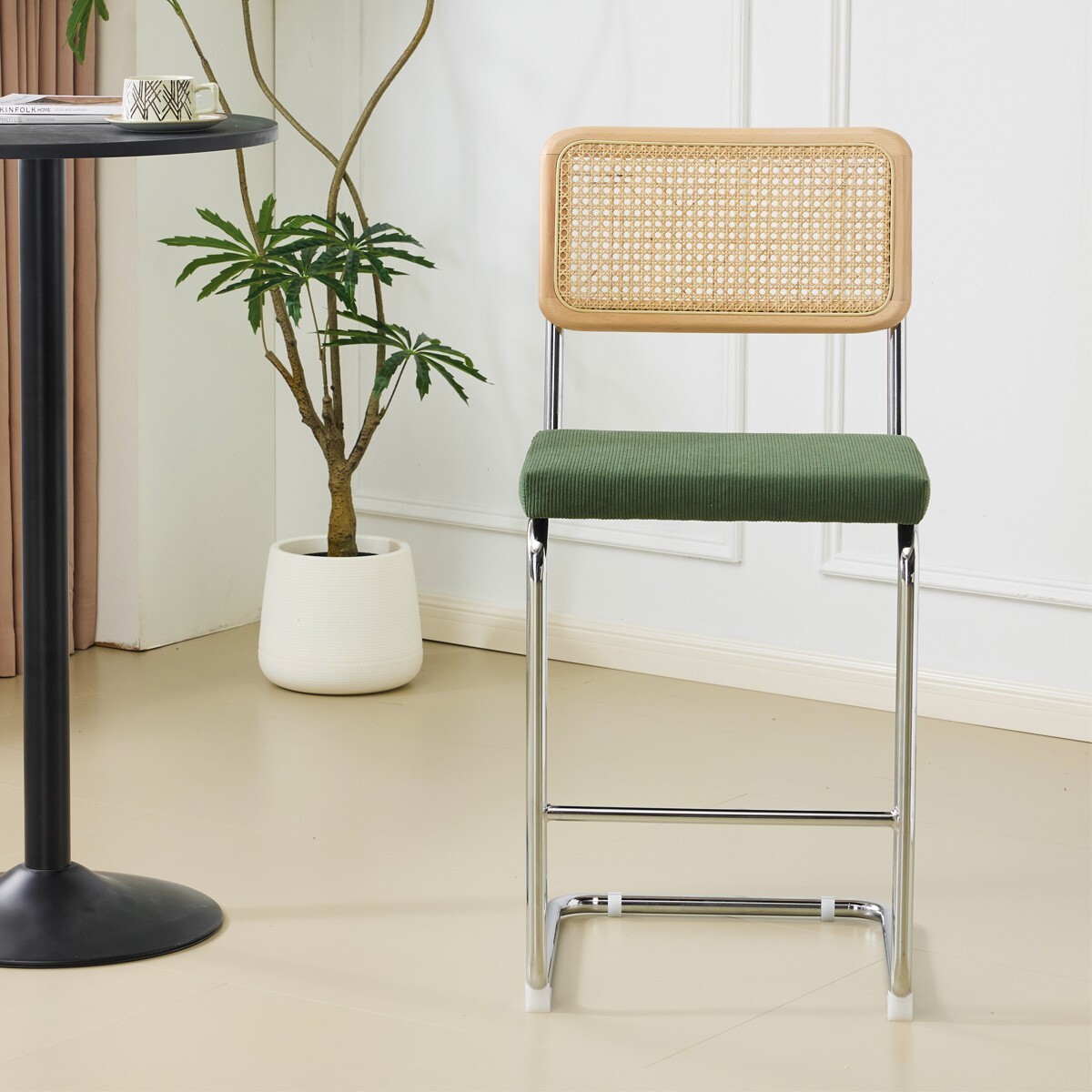 Lot de 2 tabourets de bar en cannage et velours côtelé - MUSE