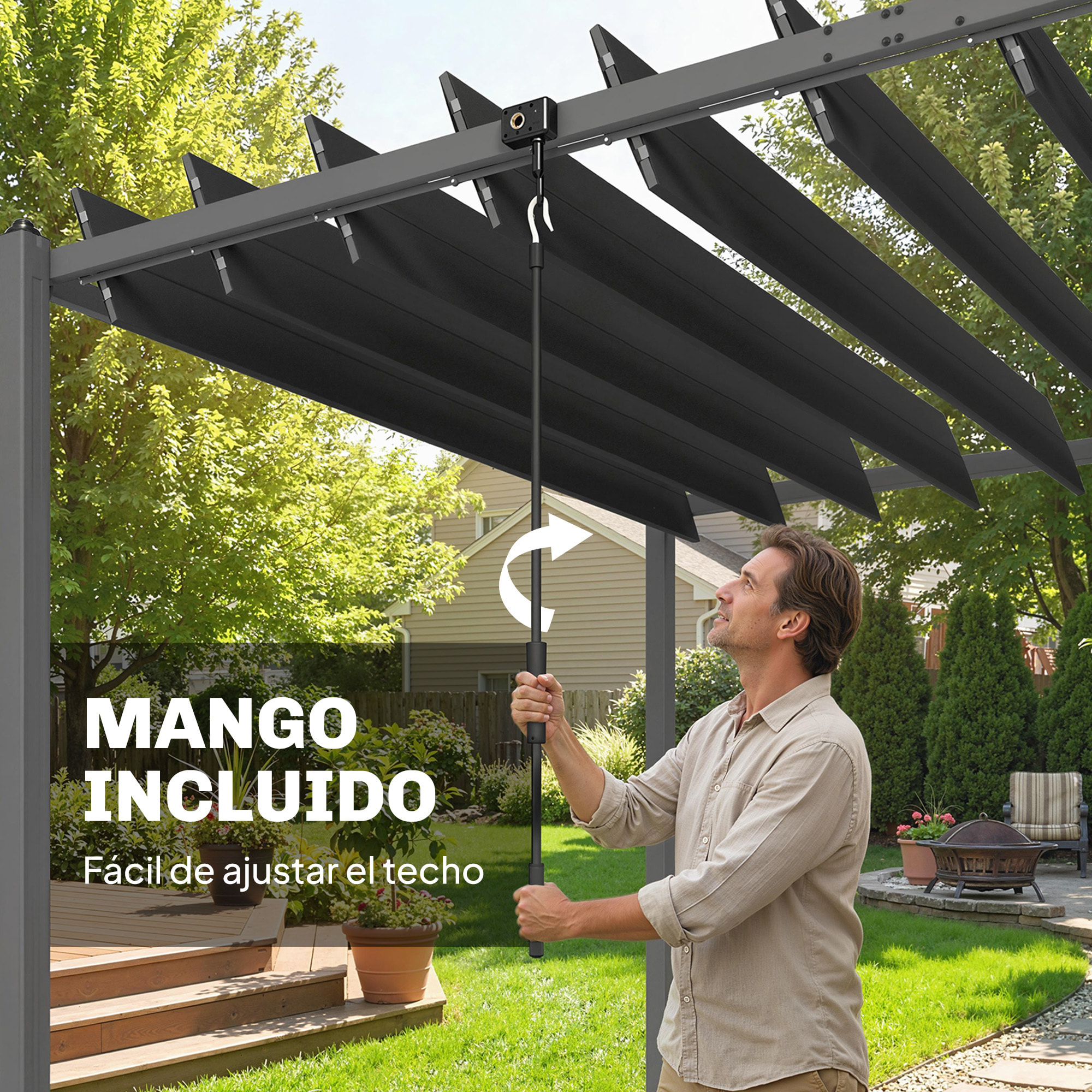 Pérgola de Jardín 3x5,7 m, Cenador de Jardín con Techo de Lamas Ajustable a 90°, Manivela, Estructura de Aluminio, Protección UPF50+, Pabellón para Exterior, Patio, Terraza, Gris Oscuro