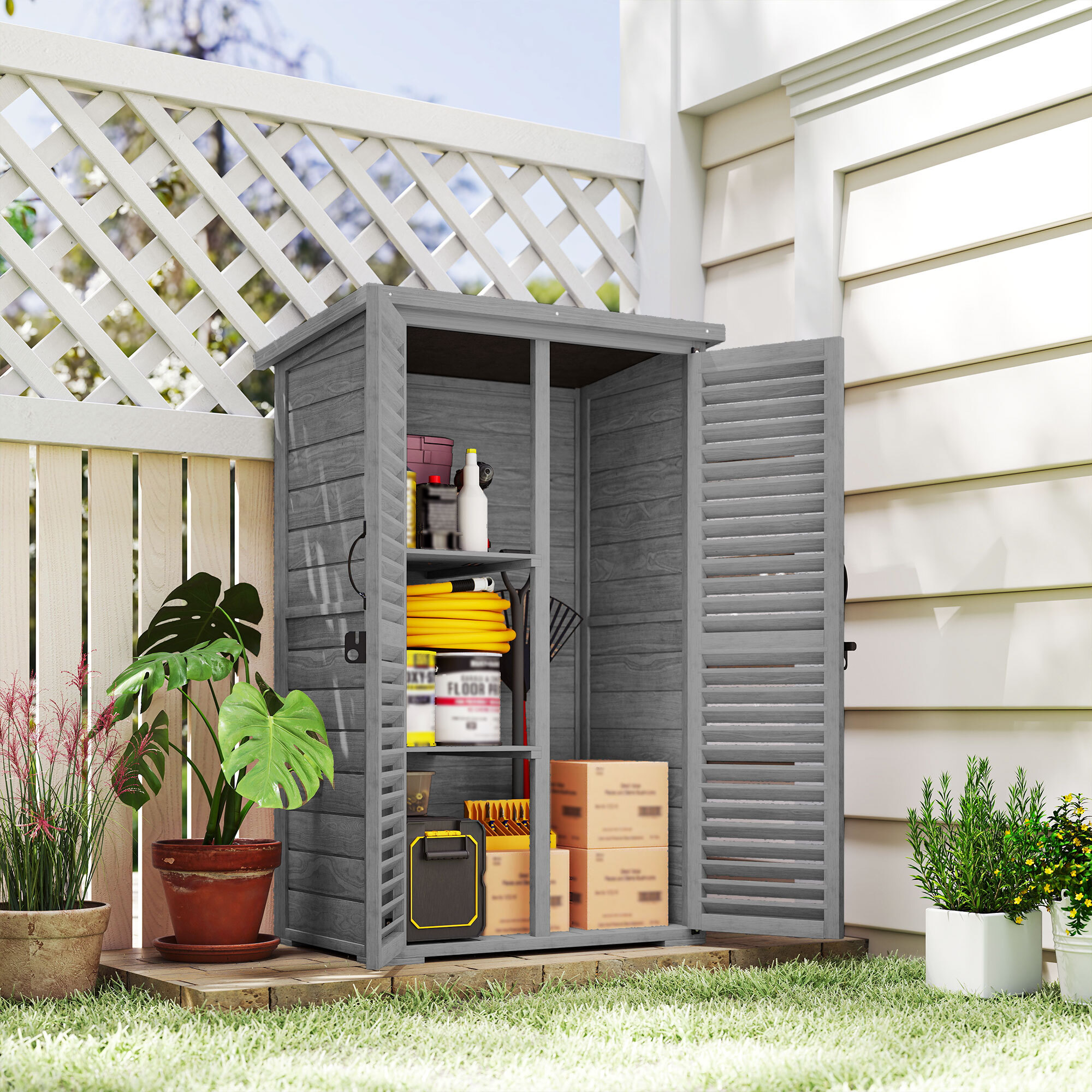 Armoire de jardin  2 portes persiennes 2 étagères toit bitumé bois gris