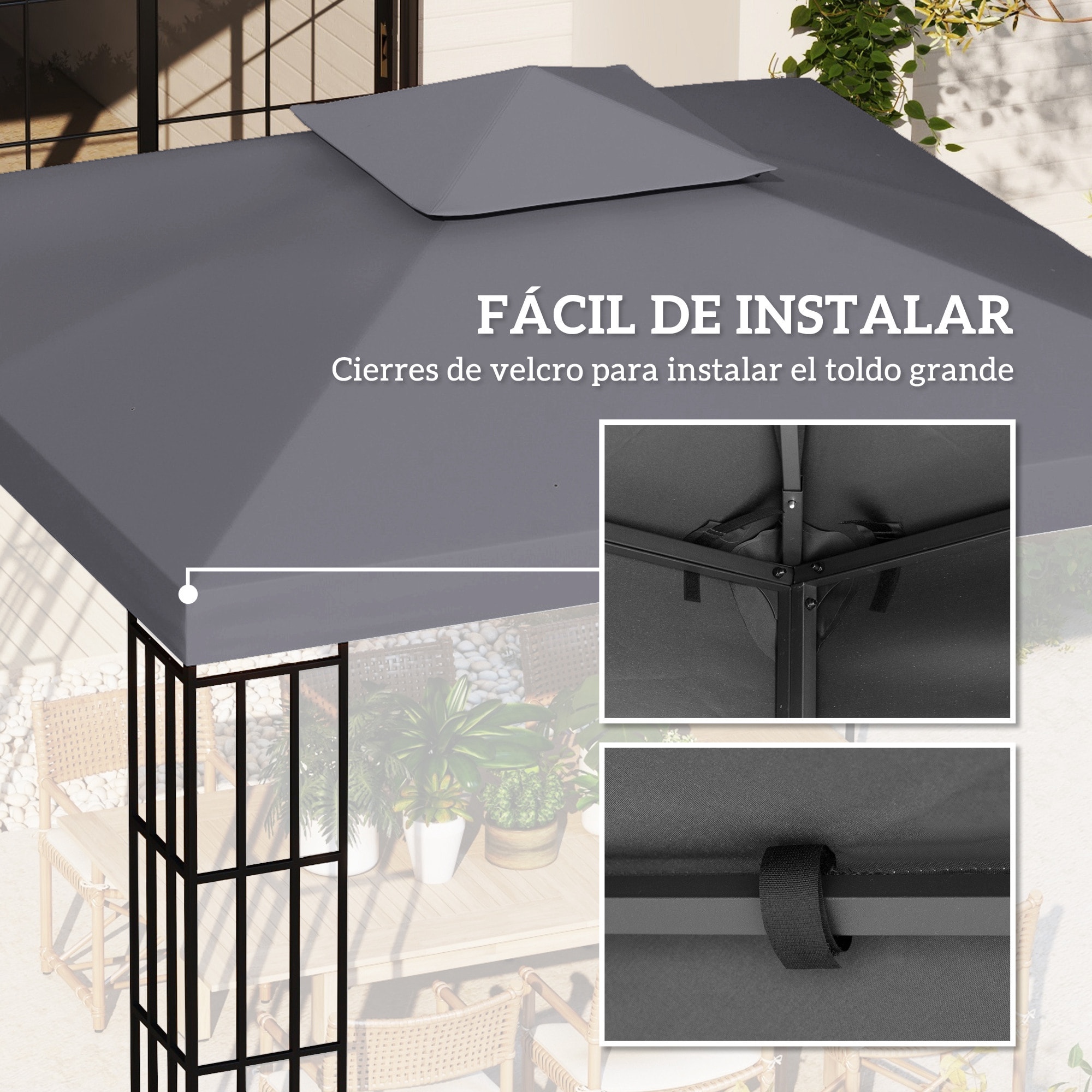 Techo de Repuesto para Cenador, 3x3 m, Cubierta de Repuesto con Techo Doble, 8 Orificios de Drenaje y Protección UV, SOLO Toldo de Recambio para Pabellón Gazebo, Gris Oscuro
