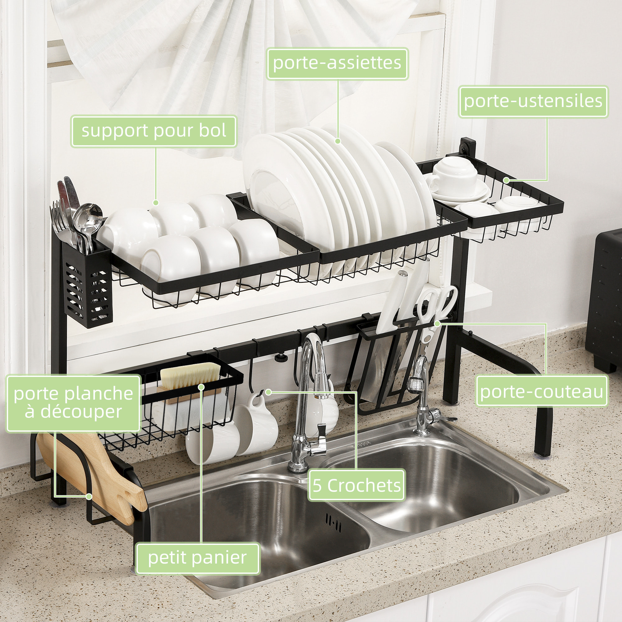 Égouttoir à vaiselle réglable - organiseur d'évier - 8 espaces de séchage - pieds ventouses - acier époxy noir