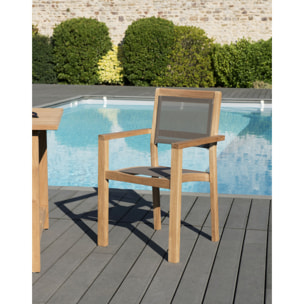 HARRIS - SALON DE JARDIN EN BOIS TECK 10/12 pers - 1 Table rectangulaire extensible - 6 fauteuils empilables textilène taupe