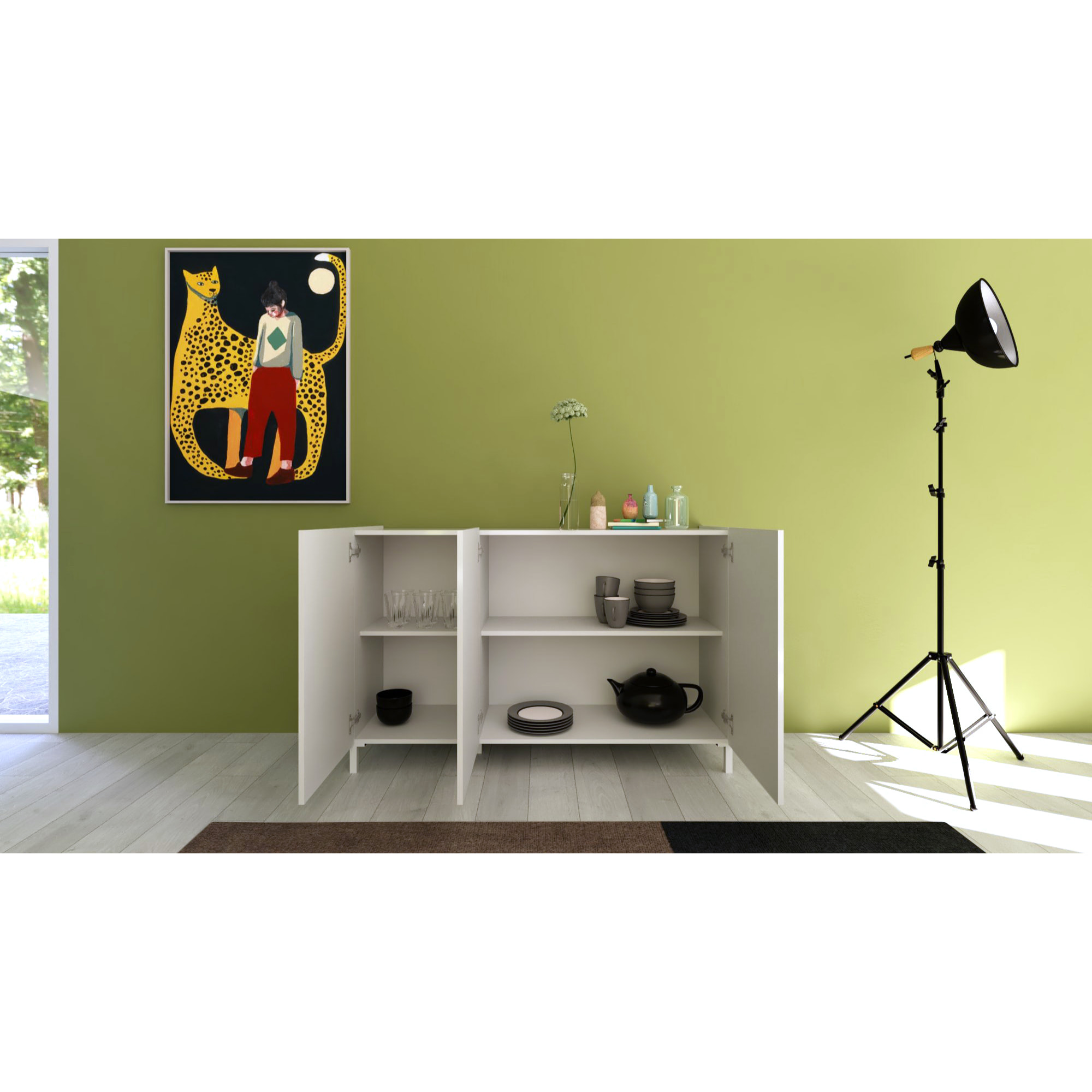 Aparador bajo 3 puertas 130x40x84 Solaria blanco brillante