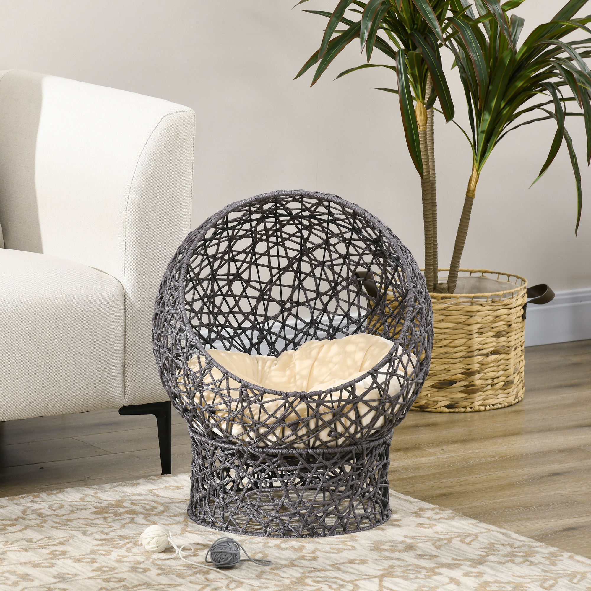 Panier tressé chat gris apia lit chat cosy grand confort dia. 50 x H.60 cm coussin moelleux beige inclus