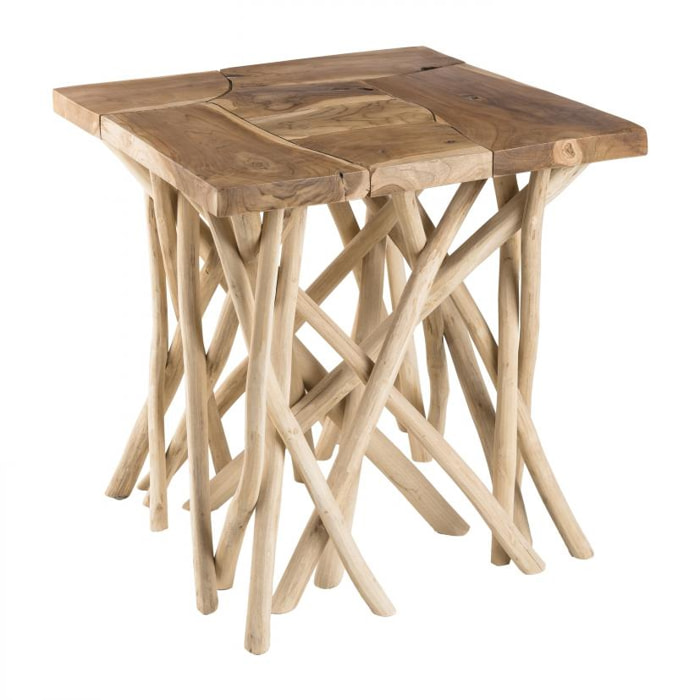 LALY - Table d'appoint nature - plateau carré 55x55cm Teck pieds bois flotté