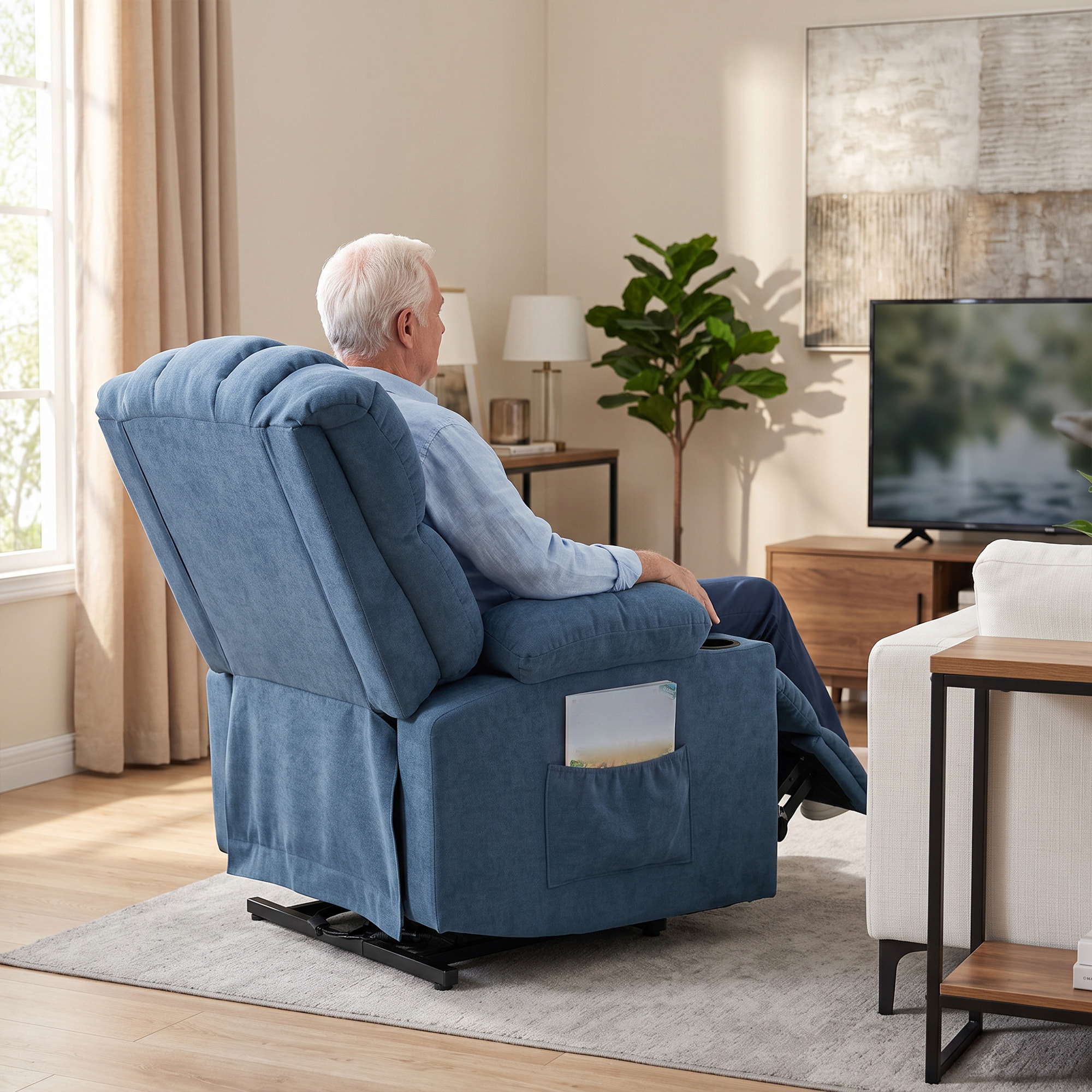 Sillón Relax Reclinable Eléctrico Levanta Personas Mayores con 8 Puntos Masaje Vibratorio y Calor, Sillón Elevador, Asiento Ancho, USB-C, USB-A, Bolsillos, Portavasos, Reposapiés, de Rizo Azul