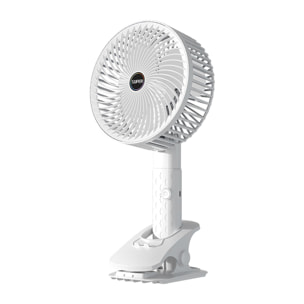 Ventilatore portatile da 5W, con batteria ricaricabile, rotazione a 360° e clip di presa.