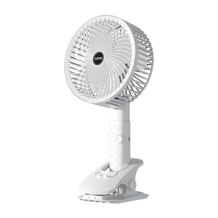 Ventilatore portatile da 5W, con batteria ricaricabile, rotazione a 360° e clip di presa.