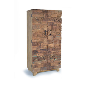 Armario de Madera de Mango, Madera Recuperada 90 Cm Estilo Boho Étnico Tallado