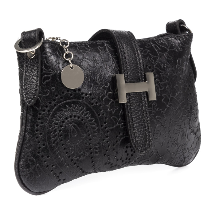 FIRENZE ARTEGIANI Borsa da Donna Allerona.Incisione Arabesco in Vera Pelle Scamosciata. Prodotto in Italia 24x2x14 Cm. Colore nero
