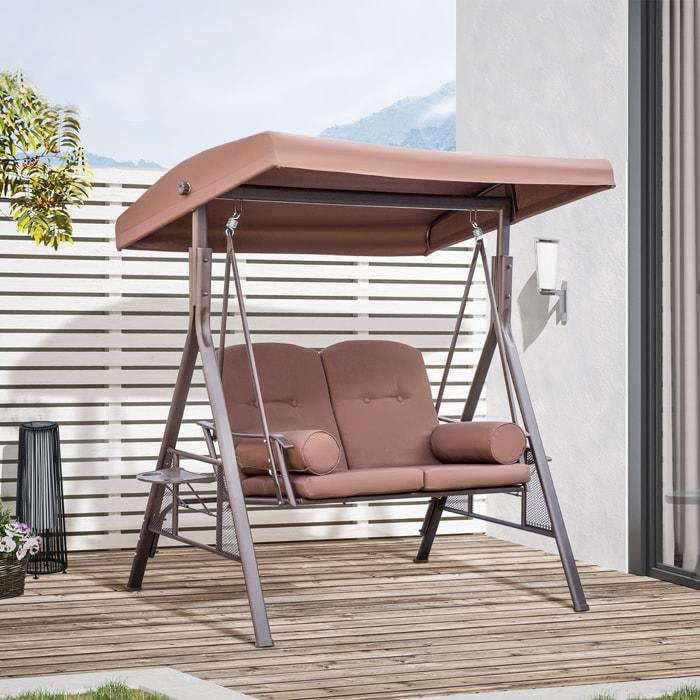 Balancelle de jardin 2 places grand confort coussins fournis accoudoirs tablettes pare-soleil marron