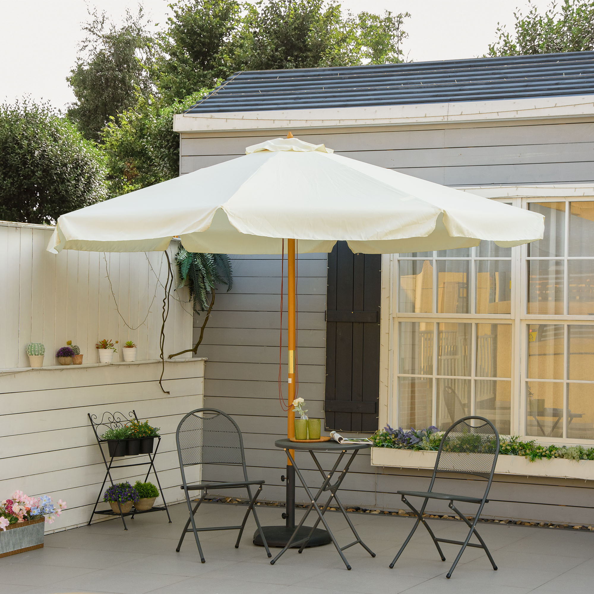 Sombrilla de Jardín Ø325x250 cm Parasol de Madera con Sistema de Polea Techo de Ventilación y 8 Varillas de Bambú para Terraza Balcón Exterior Beige