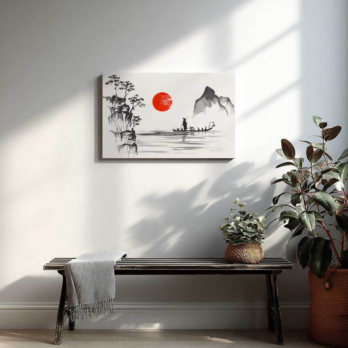 Tableau pêcheur au soleil rouge Toile imprimée