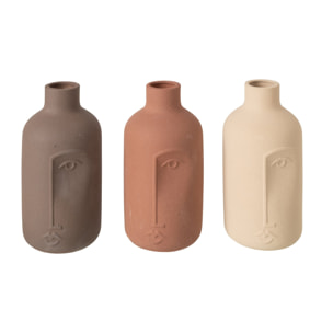 J-Line Vase visage - porcelaine - écru/marron - large - assortiment de 3
