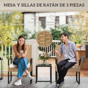 Conjunto de Jardín Exterior de 3 Piezas con Respaldo Ajustable Juego de 2 Sillas y Mesa de Ratán con Cojines Acolchados y Encimera de Vidrio Templado para Balcón Terraza Beige y Blanco