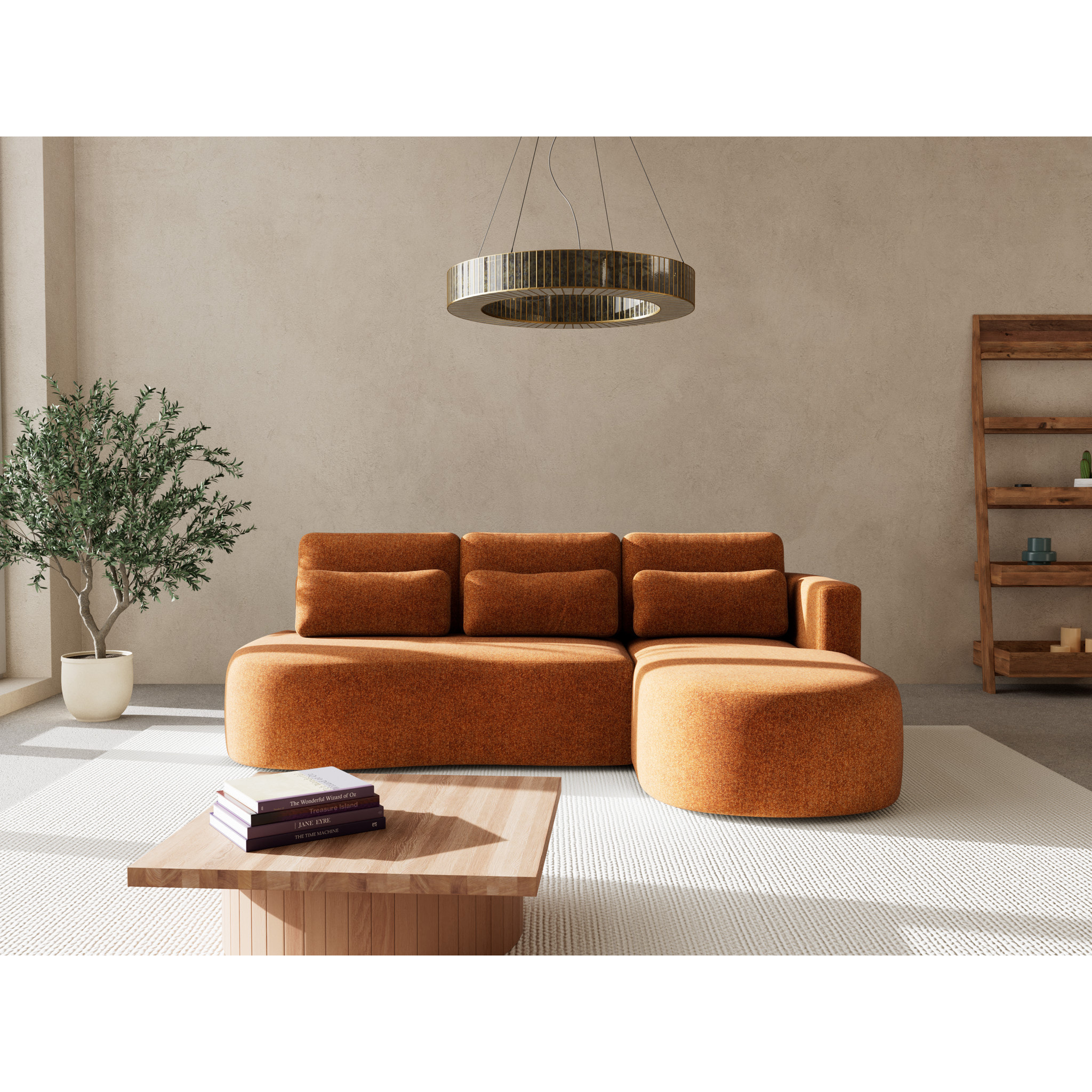 Mahina - canapé d'angle droit 4 places convertible avec coffre en tissu texturé - Terracotta