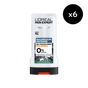 Lot de 6 - L'Oréal Paris Men Expert Magnesium Defense Gel Douche Crème Peau Sensible 0% Alcool Enrichie en Magnésium et en Niaci