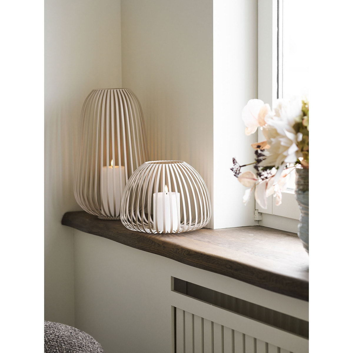 Lanterna Stoense alta in metallo beige a fasce ø24,5x40 cm