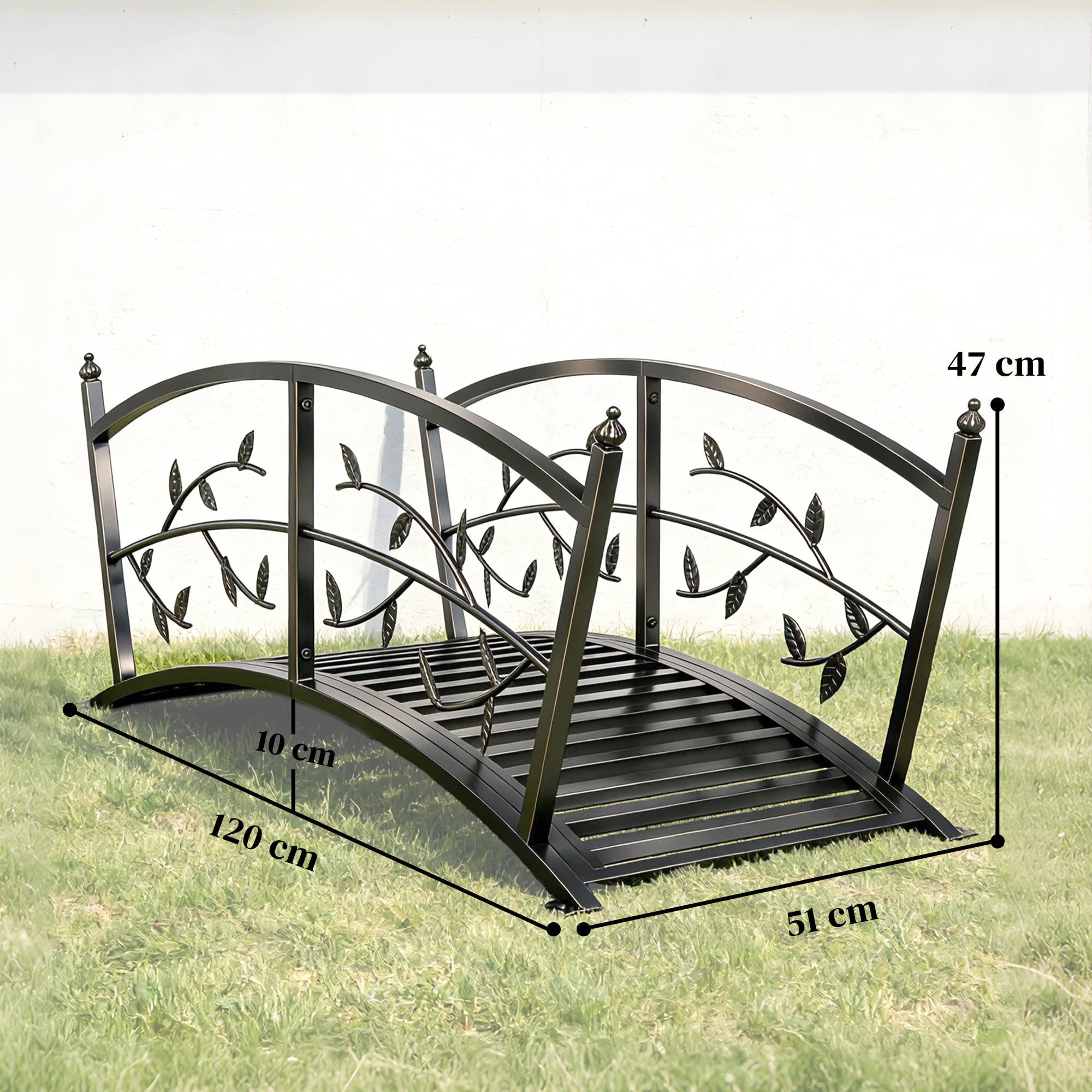 Puente de Jardín Metálico, 1,2 m, Puente Decorativo para Estanques con Barandillas de Seguridad y Diseño de Hojas, Carga 100 kg, Construcción Resistente, Fácil Montaje, Negro